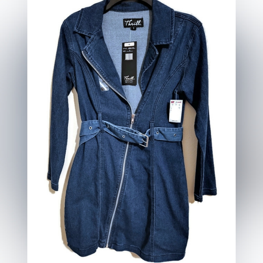 Brand New - Belted long sleeve full zip Denim Dress